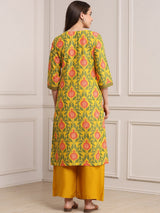 Yellow printed straight cut cotton silk kurti