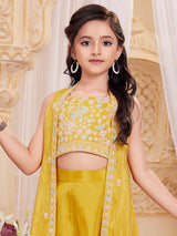 Mustard yellow satin silk jacket style palazzo suit for girl