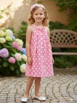 Light pink printed silk frock with pearl highlights