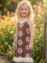 Brown knitted girls frock with thread embellishment
