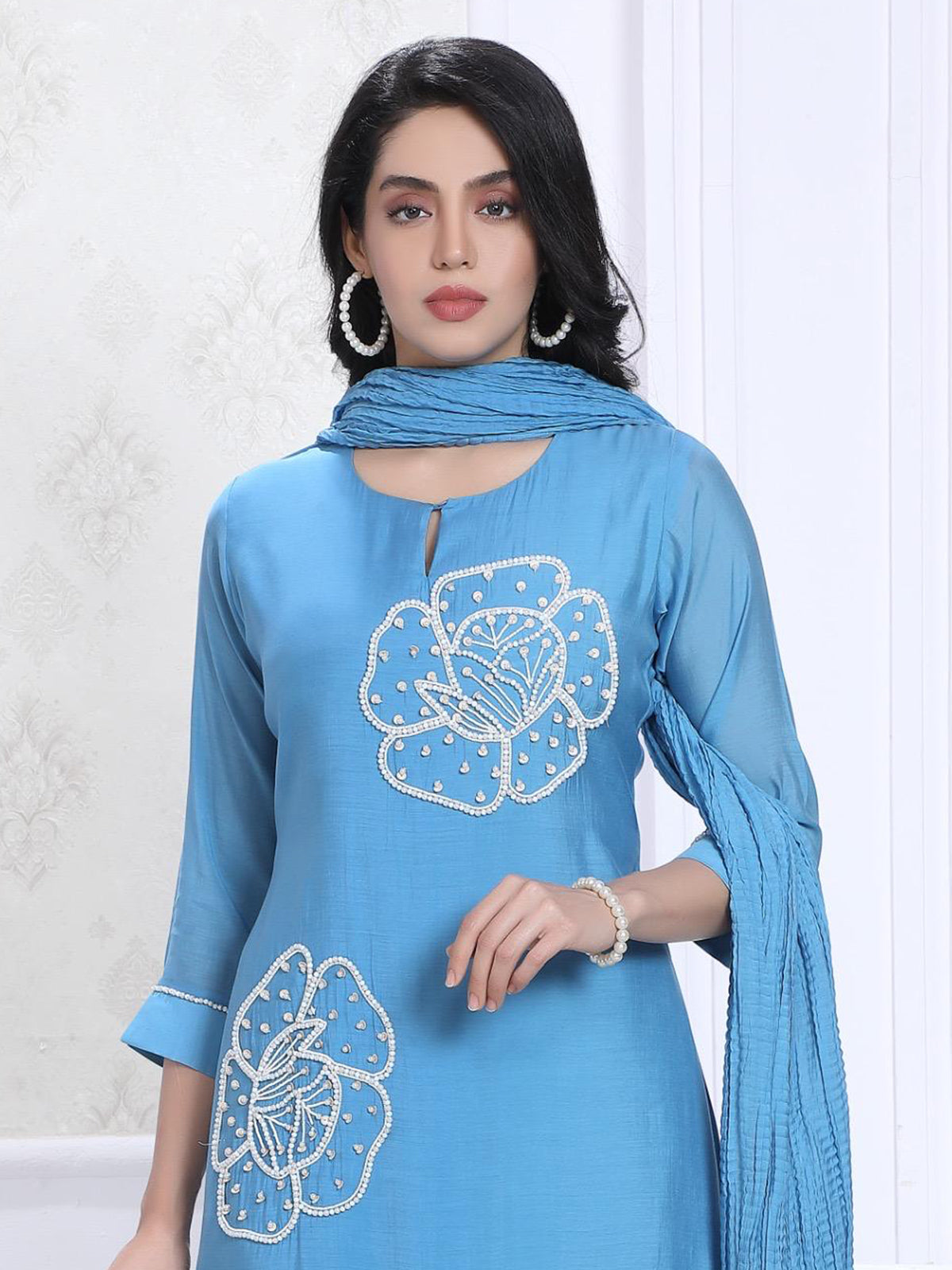 Sky blue silk embellished kurti set