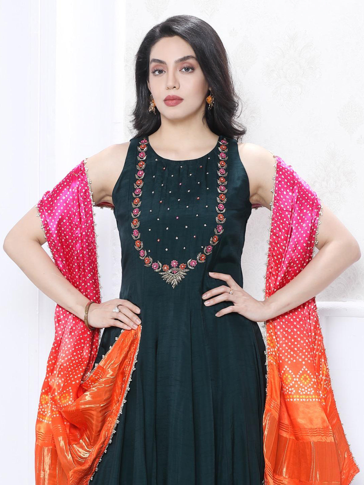 Bottle green silk embellished palazzo set