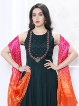 Bottle green silk embellished palazzo set
