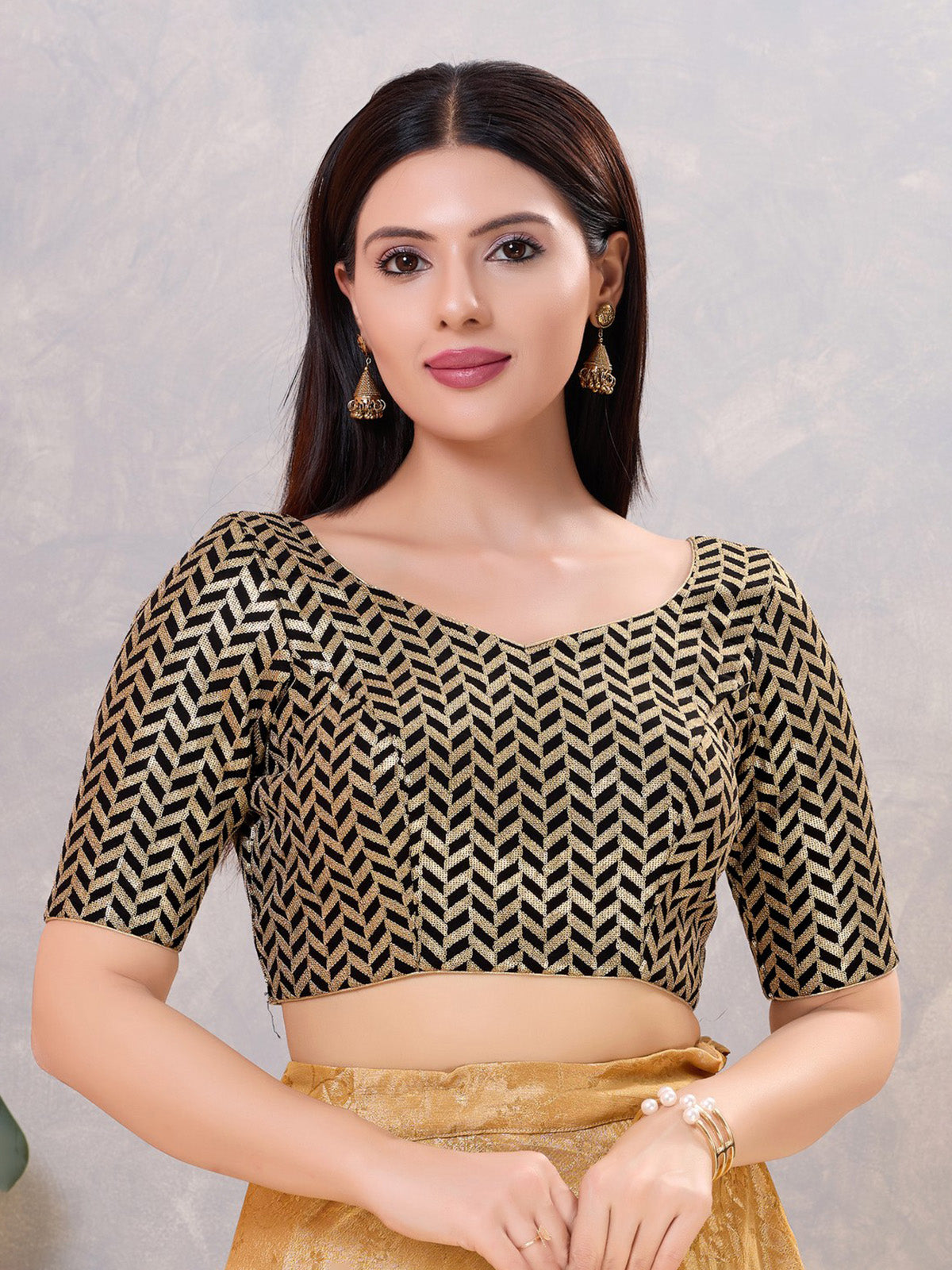 Black silk sweetheart neck and sequin work blouse