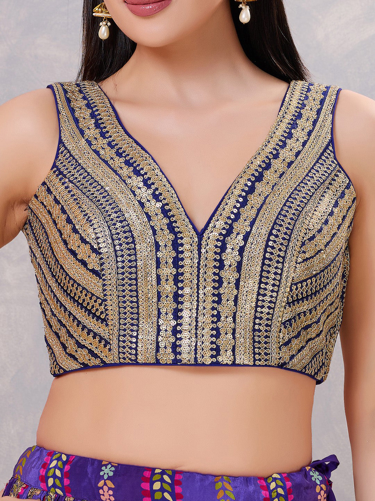 Navy blue sequin V neck designer blouse