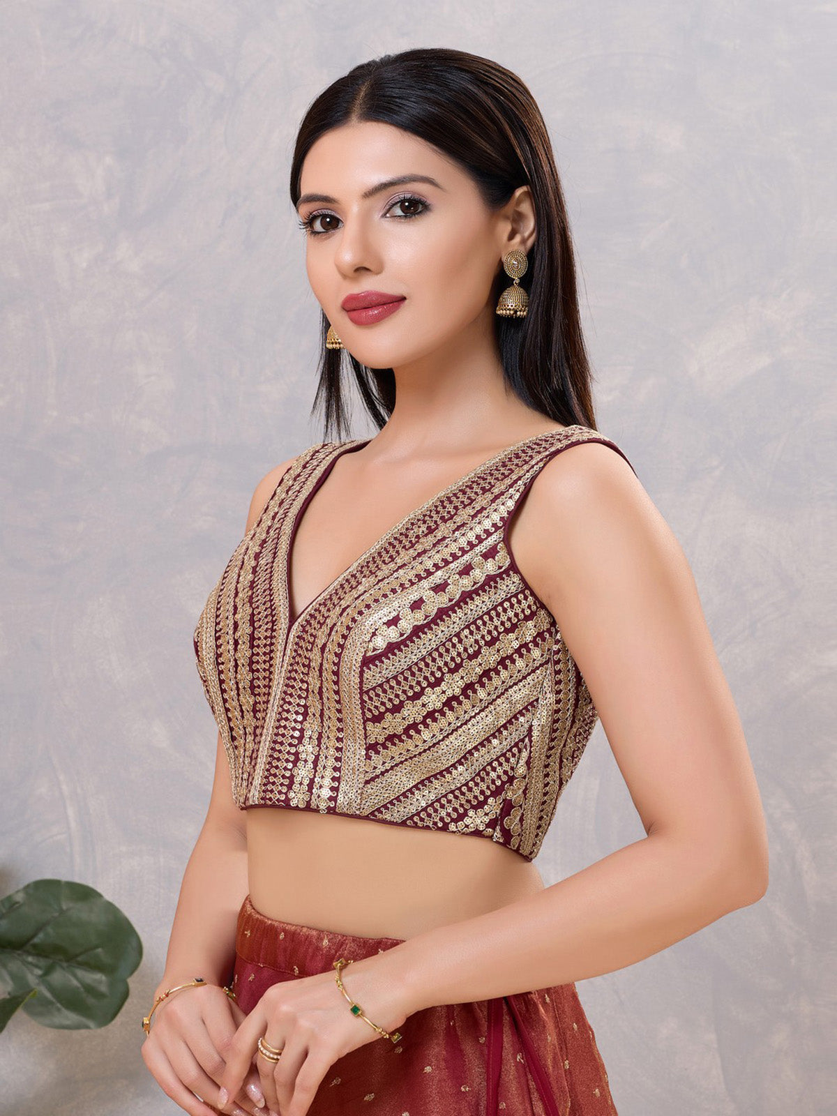 Wine sequin V neck back open blouse
