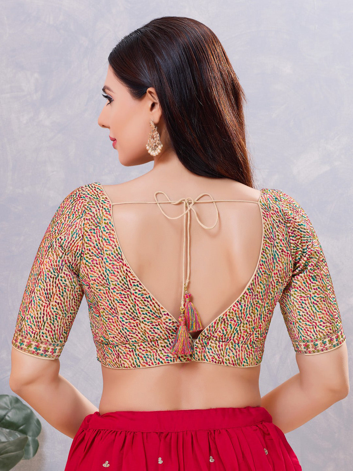 Multicolor silk thread and sequin work V neck blouse
