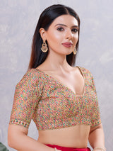 Multicolor silk thread and sequin work V neck blouse