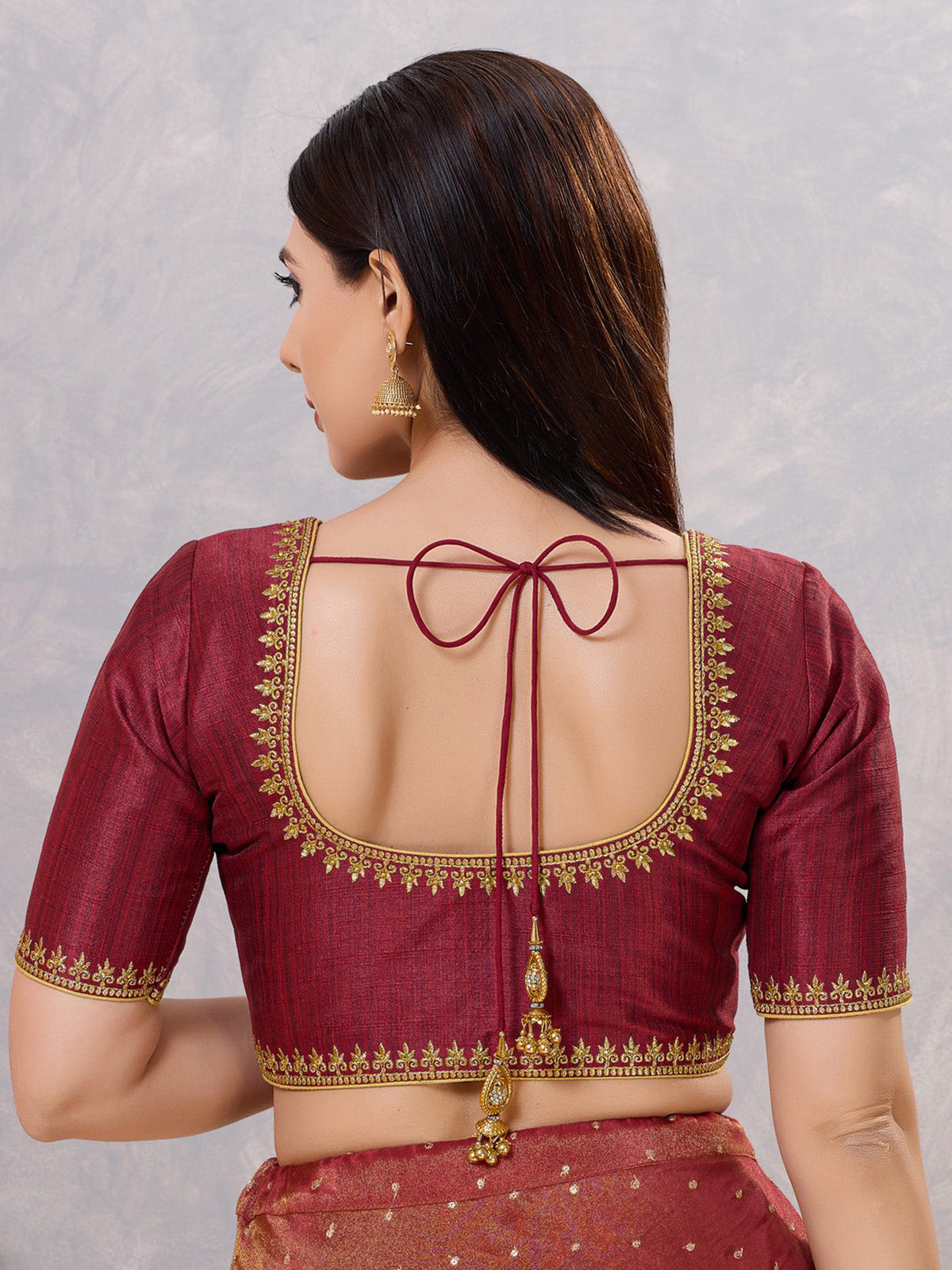 Maroon silk resham work and front open blouse