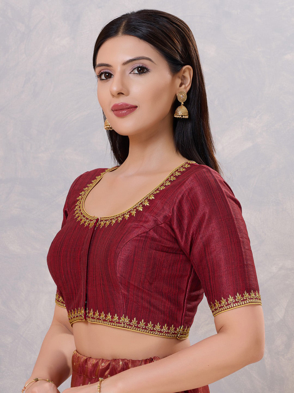 Maroon silk resham work and front open blouse