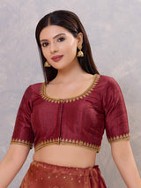 Maroon silk resham work and front open blouse