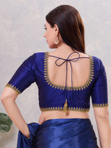 Royal blue silk resham and stone front open blouse