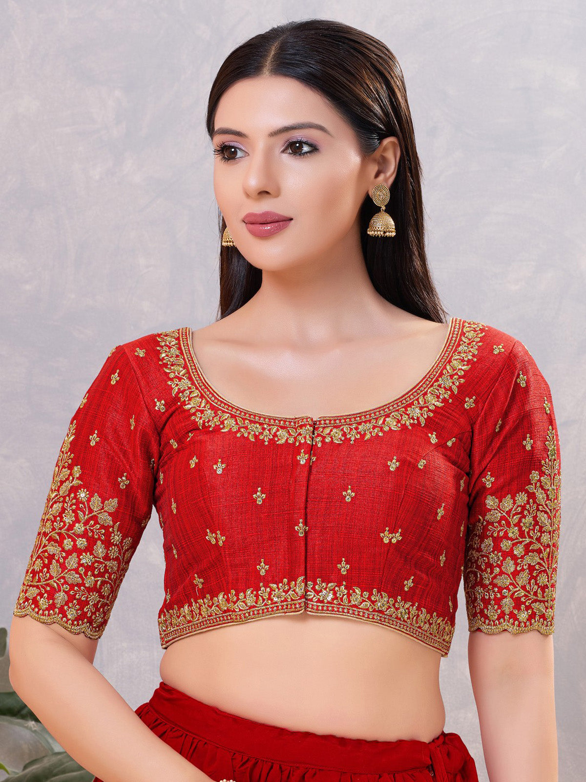 Red silk embroidered and sequin work front open blouse
