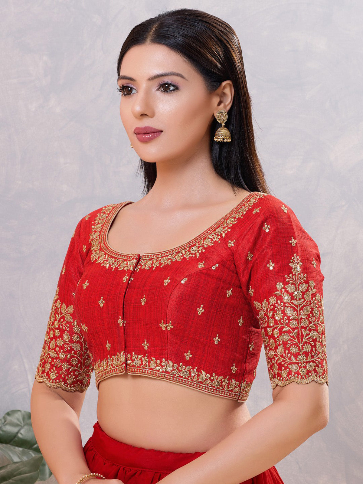 Red silk embroidered and sequin work front open blouse