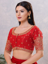 Red silk embroidered and sequin work front open blouse