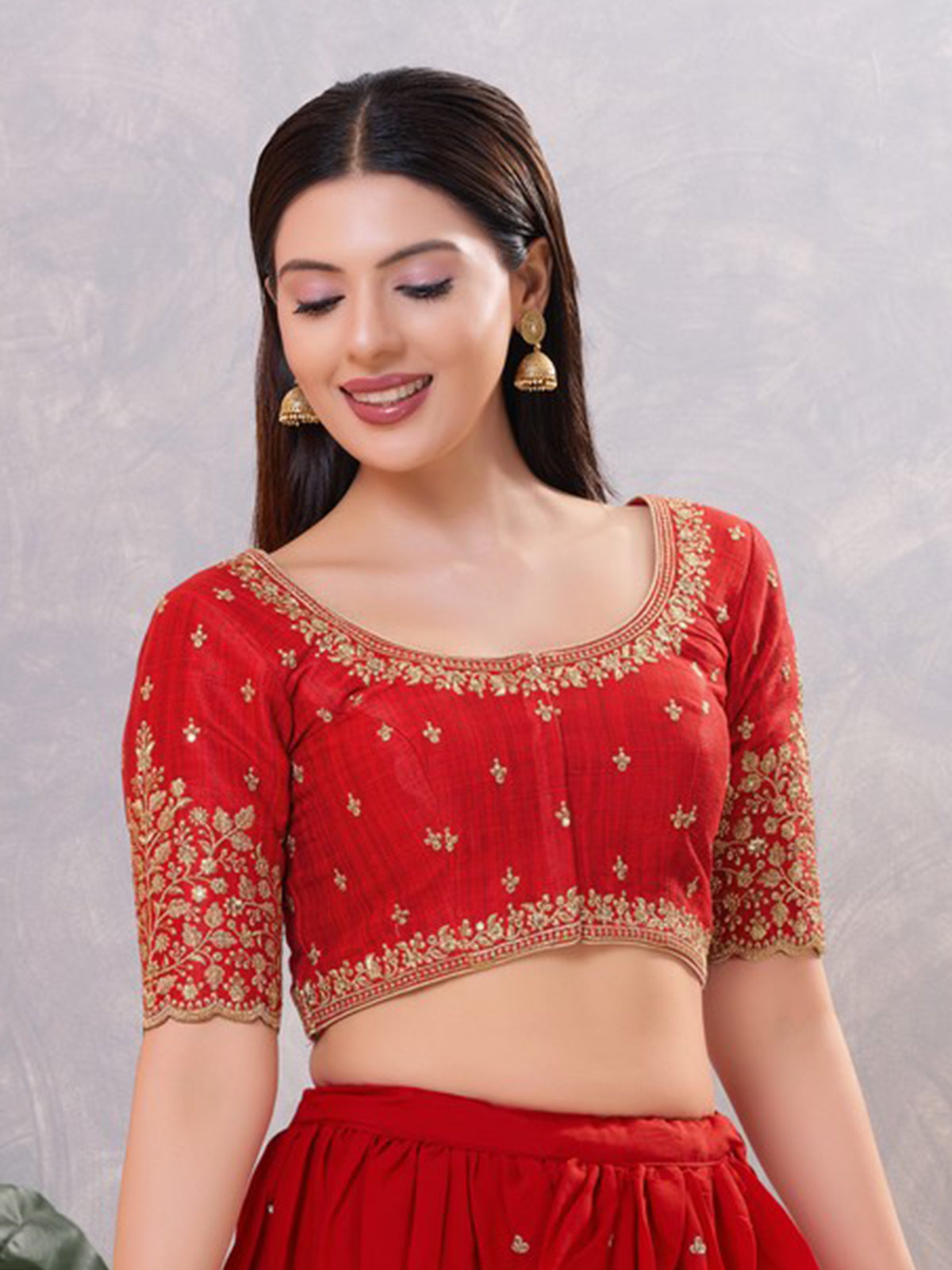 Red silk embroidered and sequin work front open blouse