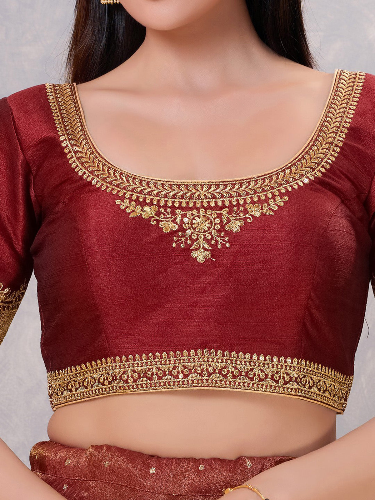 Dark maroon silk embroidery and sequin work blouse
