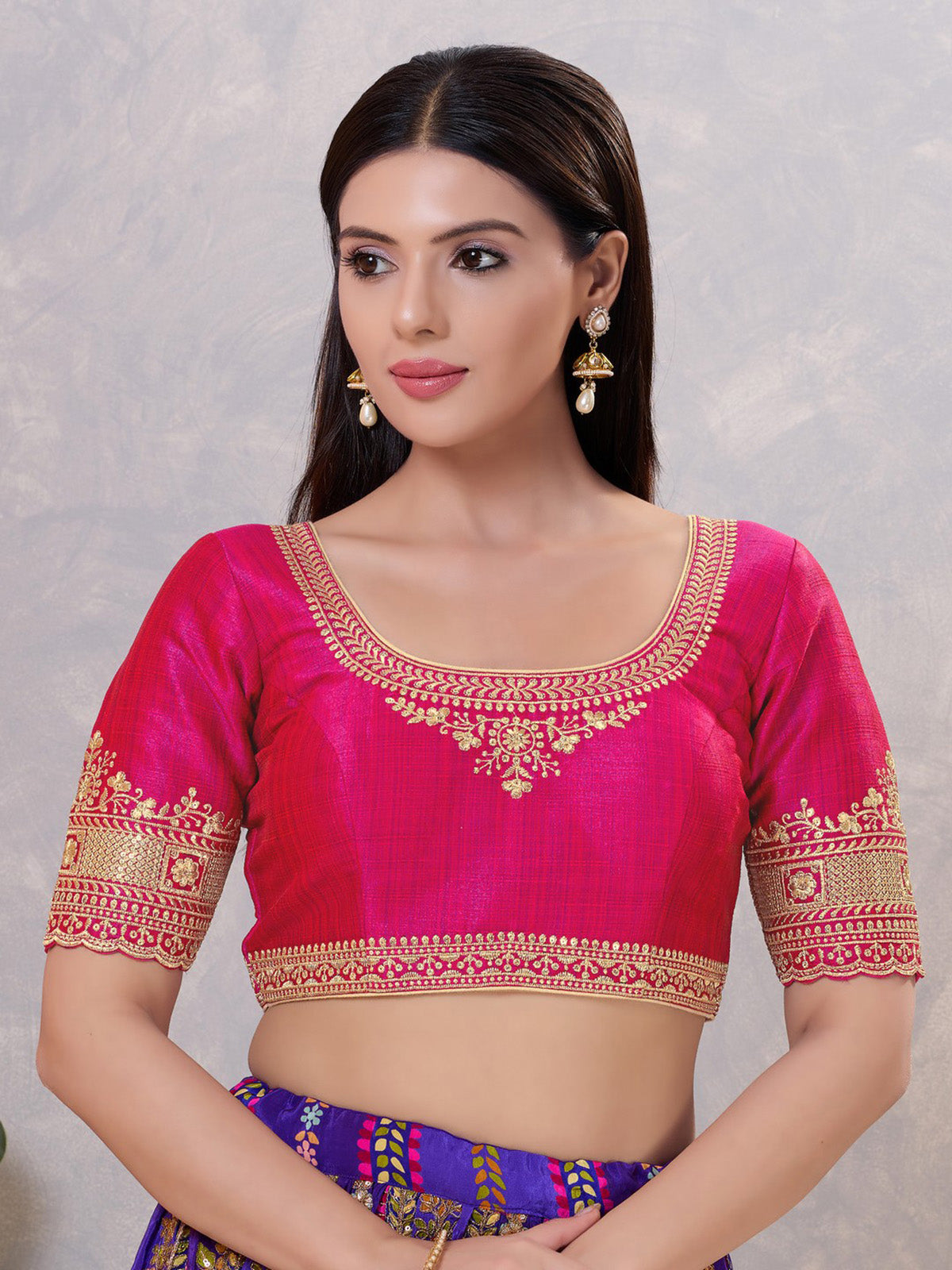 Dark pink silk embroidery and sequin work back open blouse