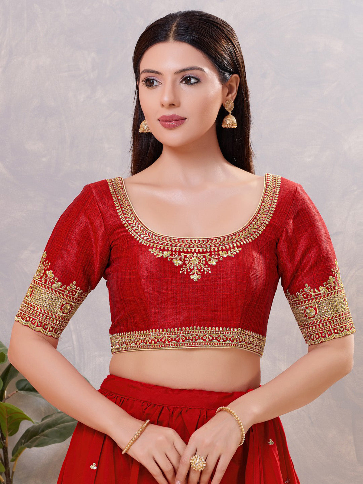 Dark red silk embroidered and sequin work blouse