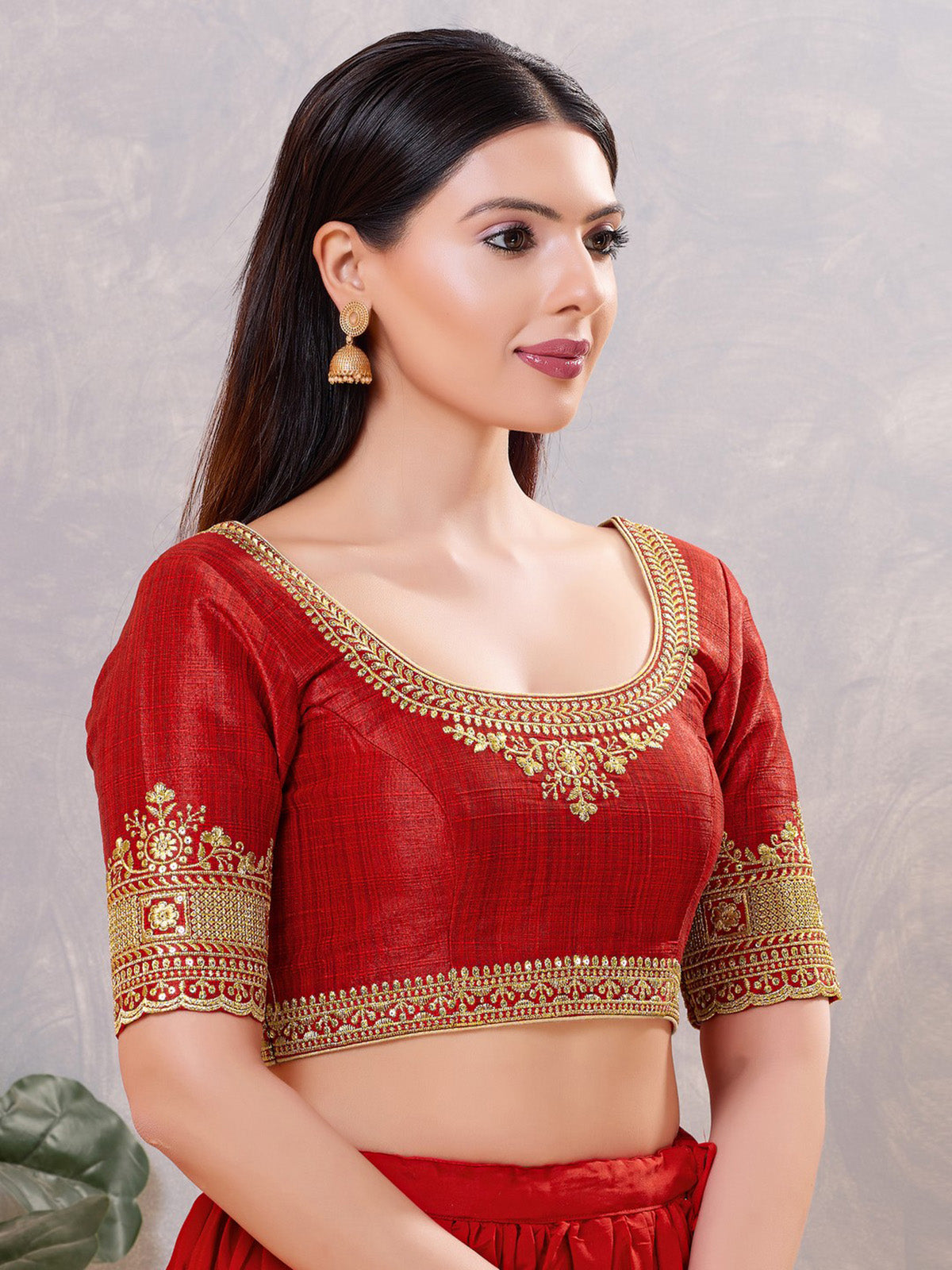 Dark red silk embroidered and sequin work blouse