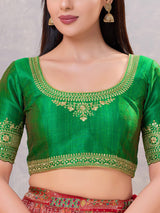 Green silk embroidery and sequin back open blouse