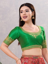 Green silk embroidery and sequin back open blouse