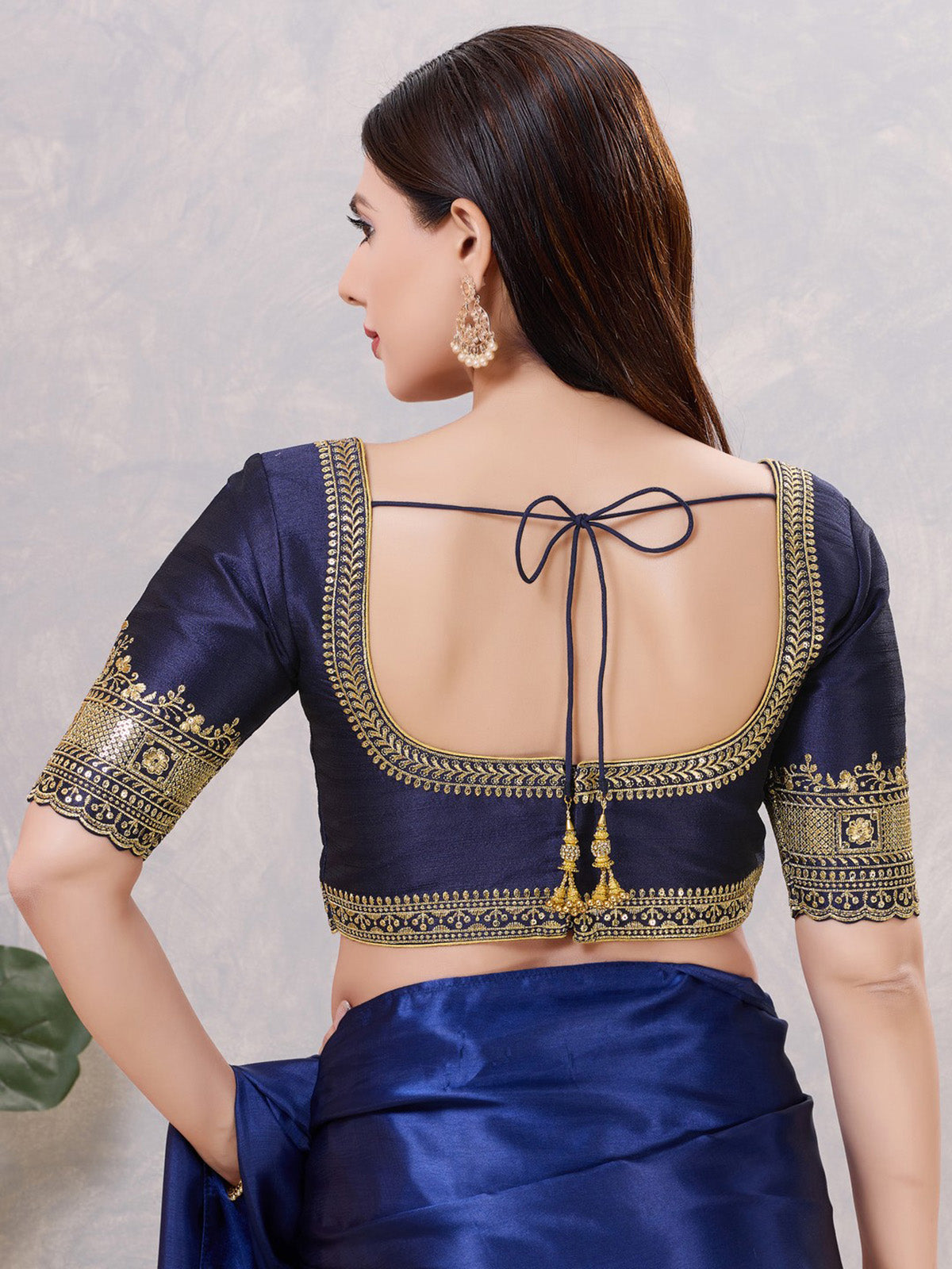 Navy silk embroidered work back open blouse