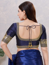 Navy silk embroidered work back open blouse