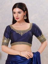 Navy silk embroidered work back open blouse