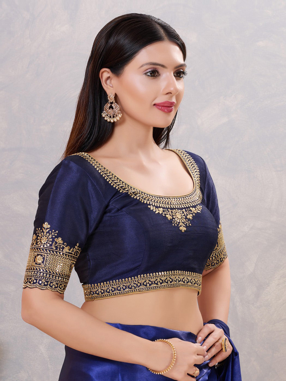 Navy silk embroidered work back open blouse