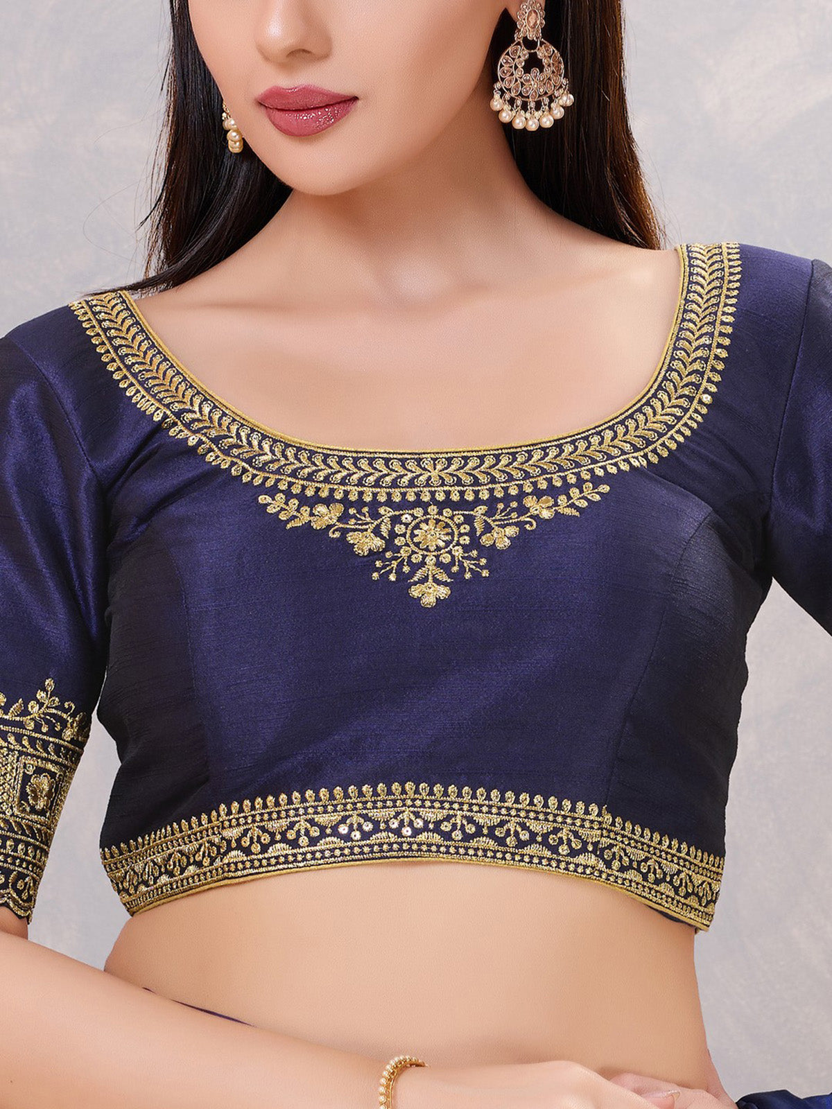 Navy silk embroidered work back open blouse