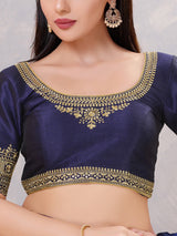 Navy silk embroidered work back open blouse
