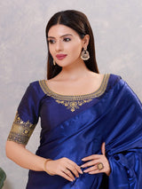 Navy silk embroidered work back open blouse