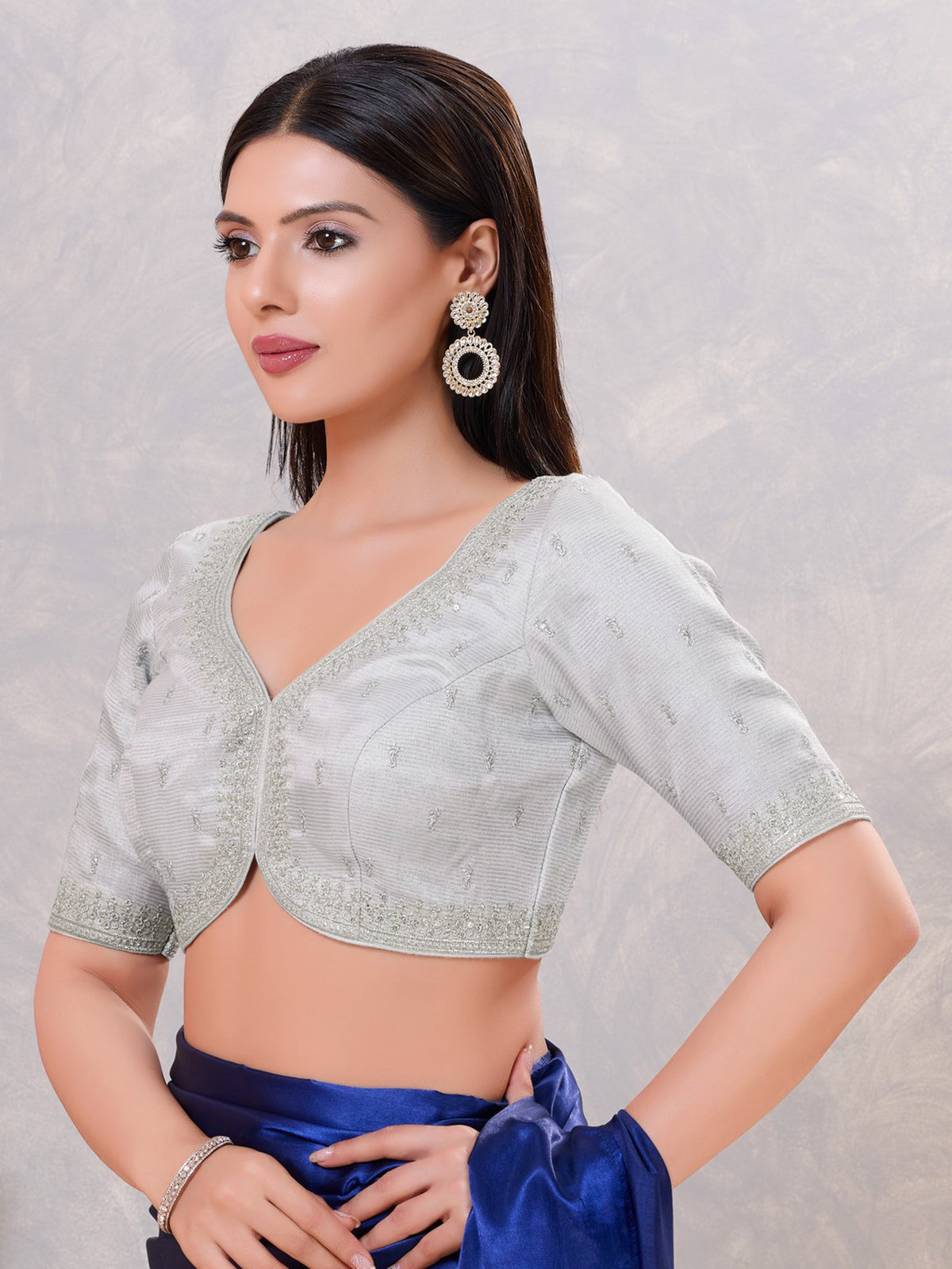 Silver silk sweetheart neck embroidered work blouse