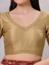 Gold silk V neck stone work blouse