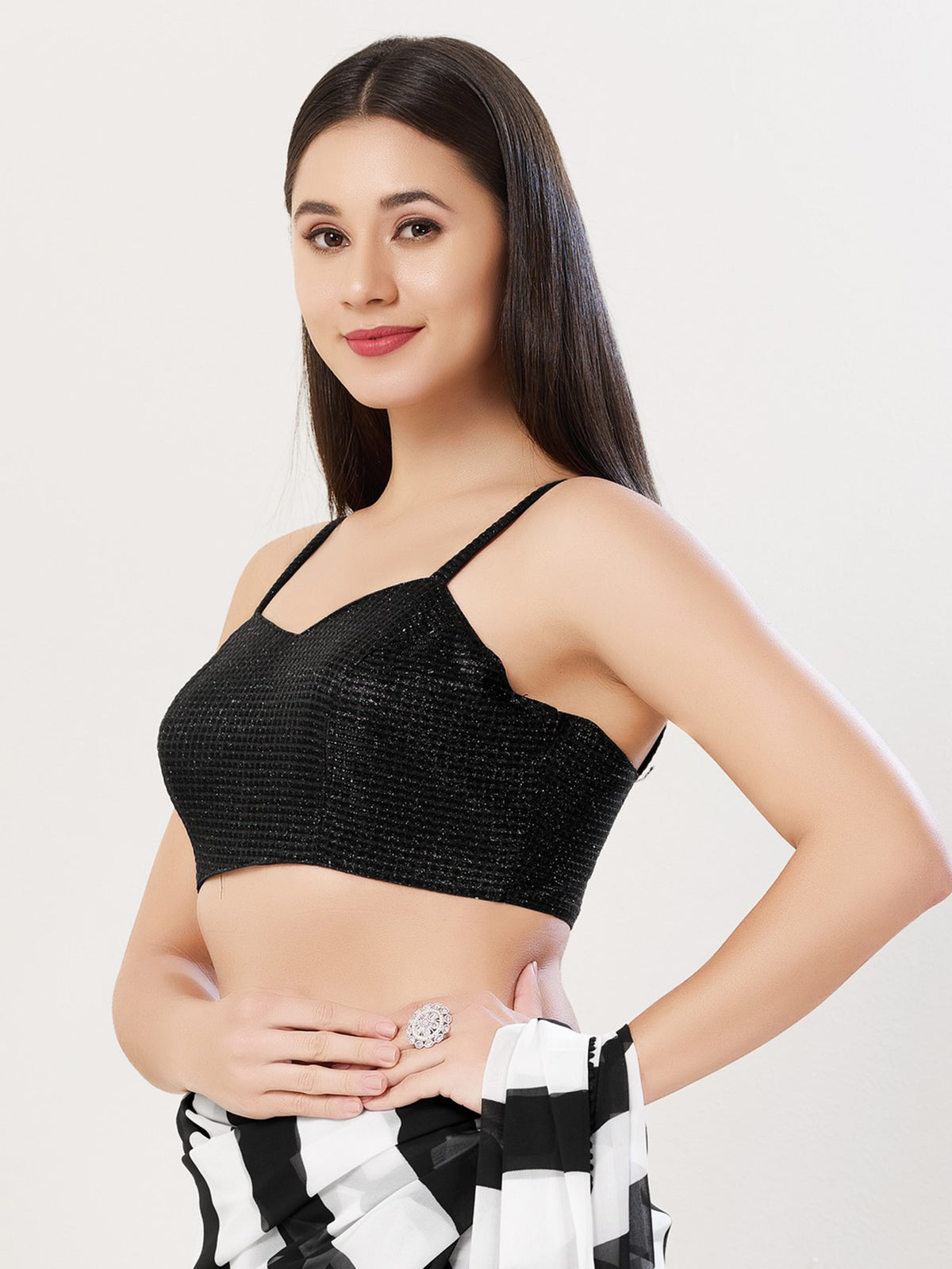 Black polyester sweetheart neck sleeveless blouse