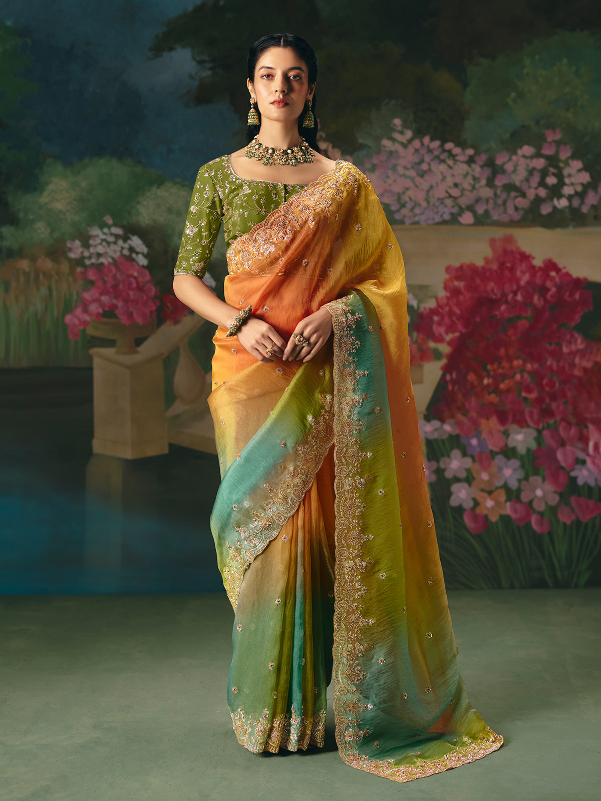 Multicolor shaded chinon silk saree for wedding