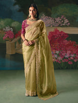 Pista green chinon silk saree for festive wear