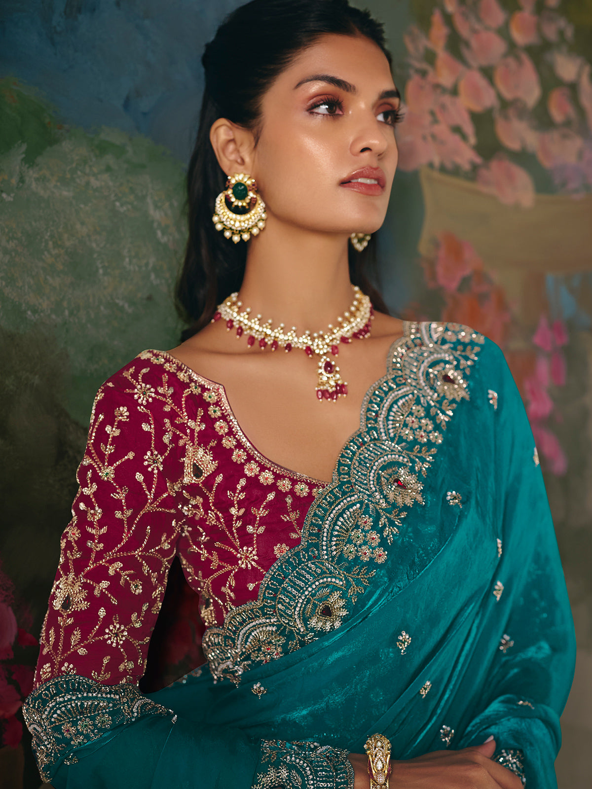 Aqua blue chinon silk saree with contrast blouse
