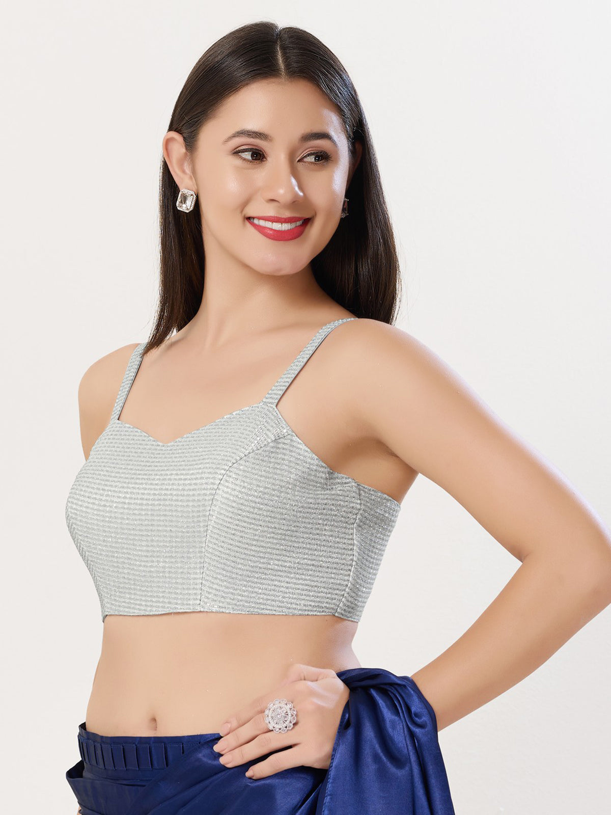 Silver polyester sleeveless sweetheart blouse