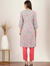 Pista green floral printed cotton silk kurti