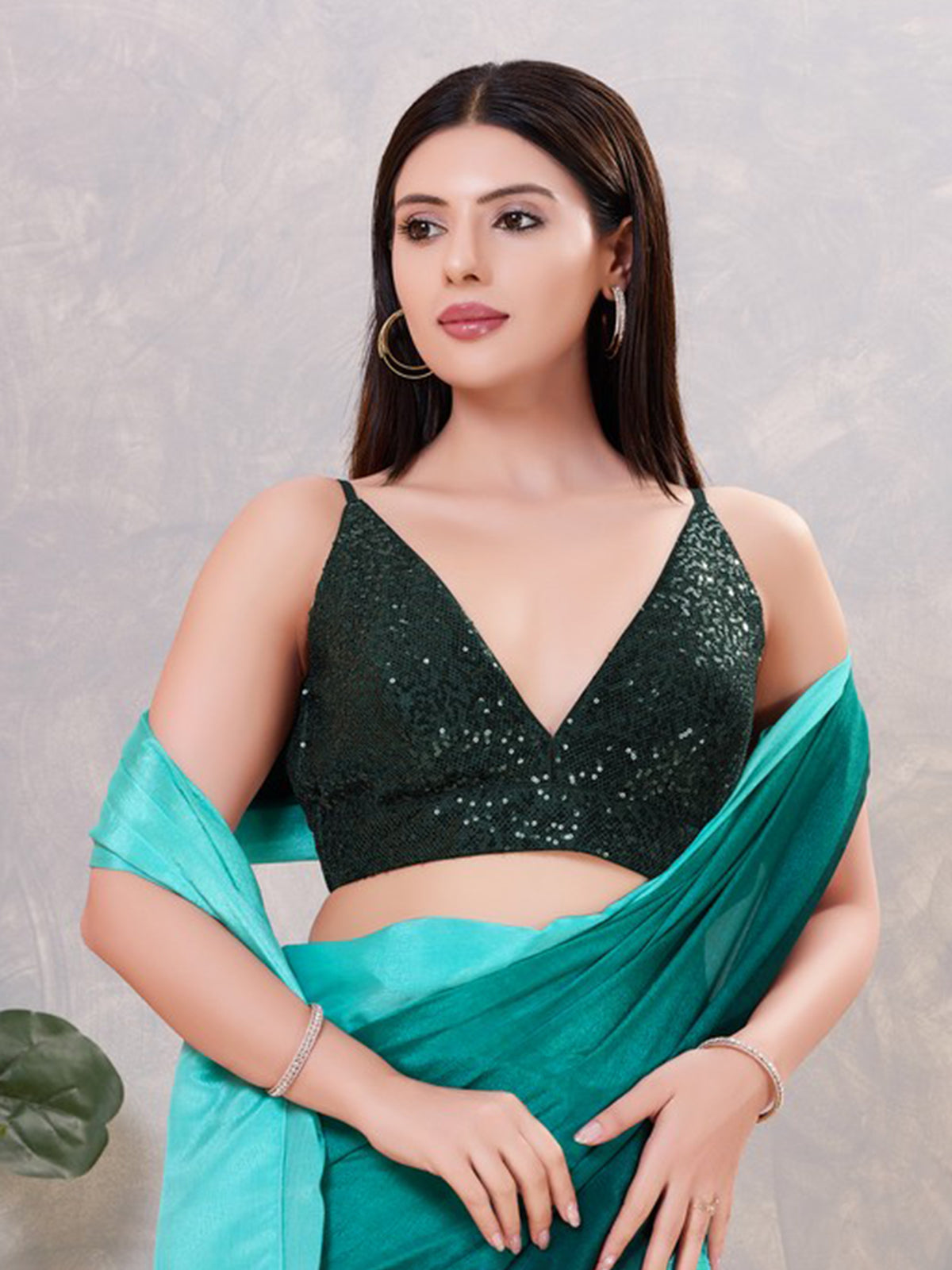 Bottle green sequin V neck blouse