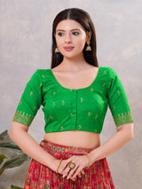 Green silk resham and sequin work front open blouse