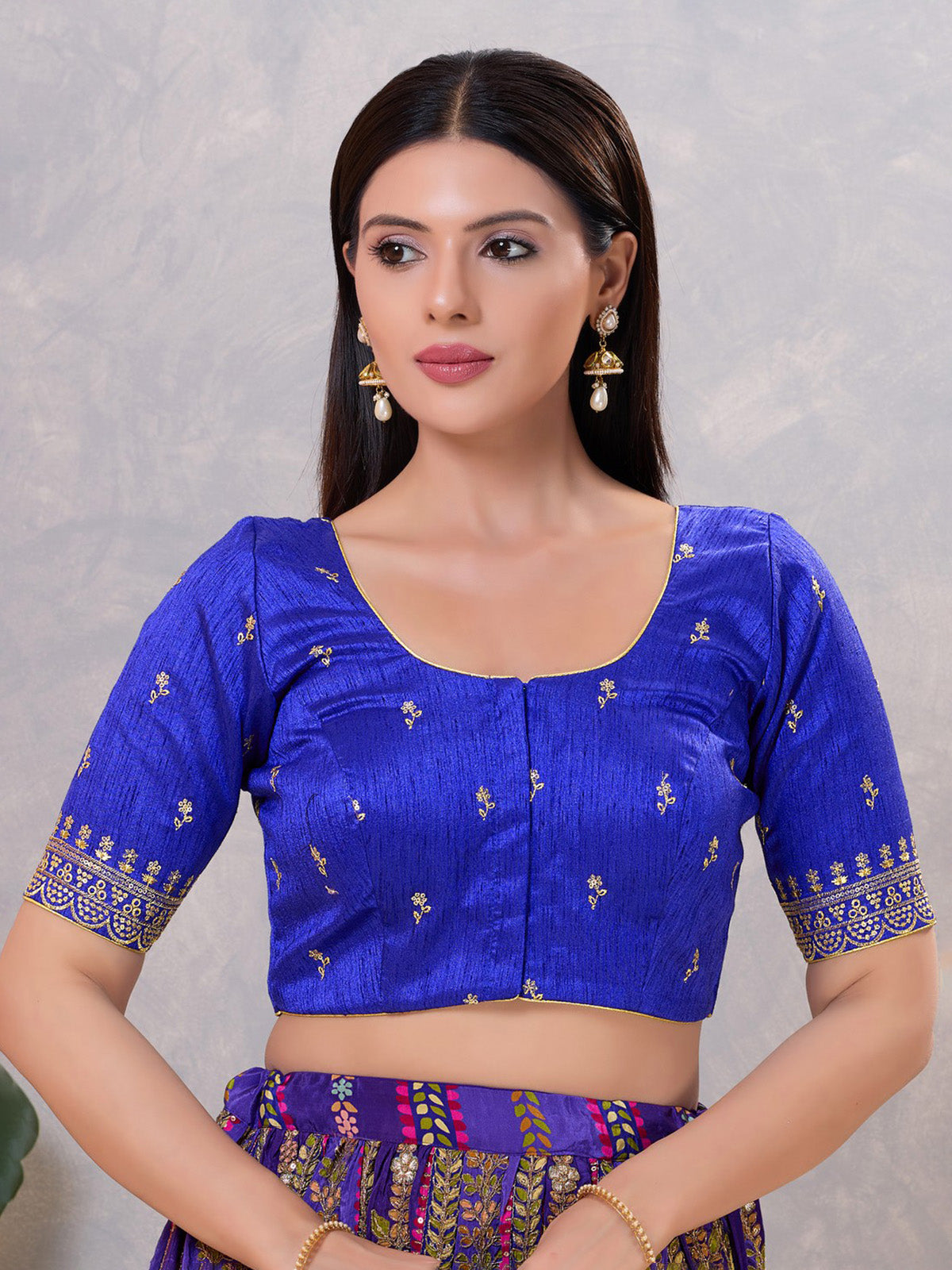 Royal blue silk resham and sequin work blouse
