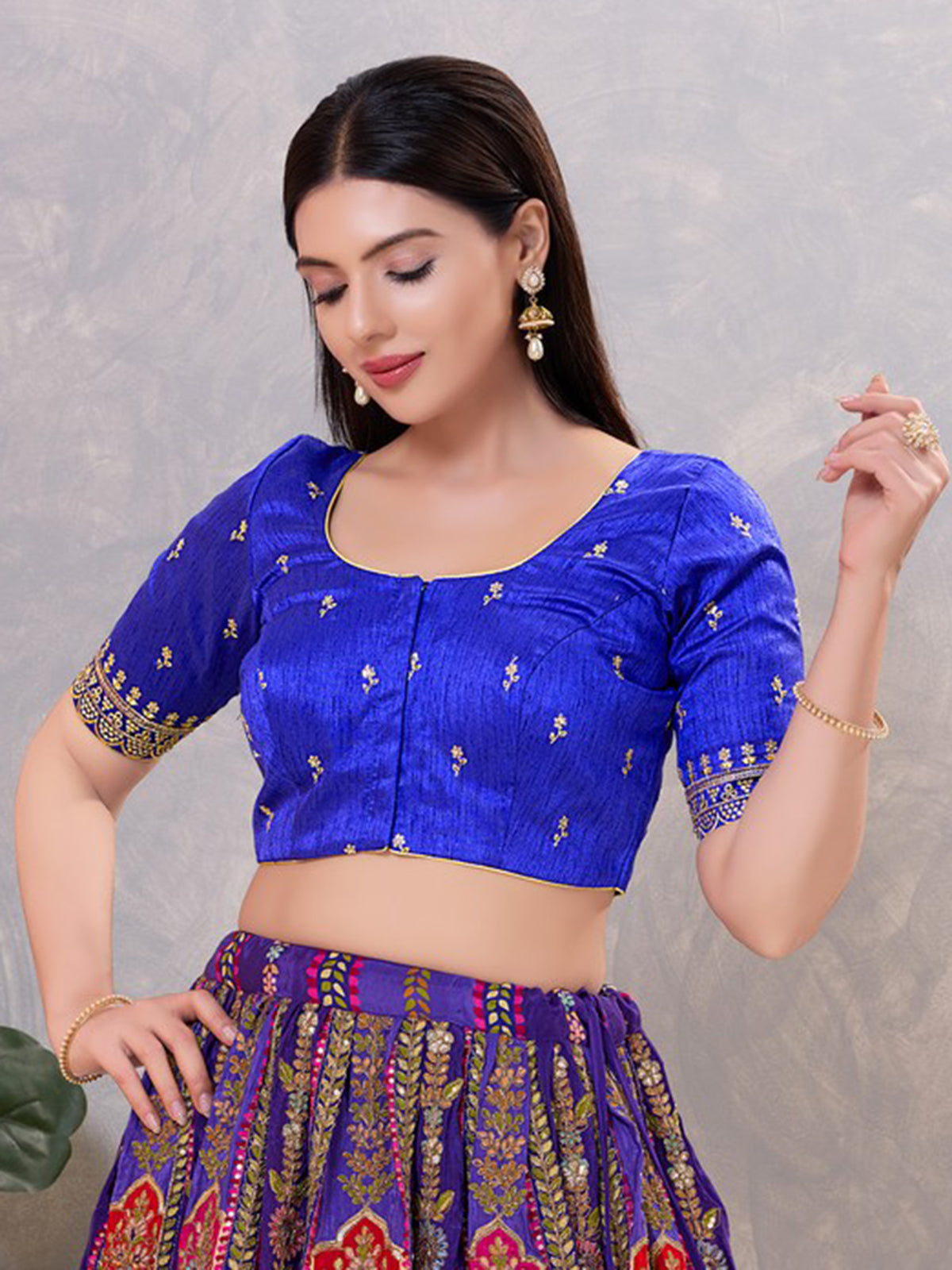 Royal blue silk resham and sequin work blouse