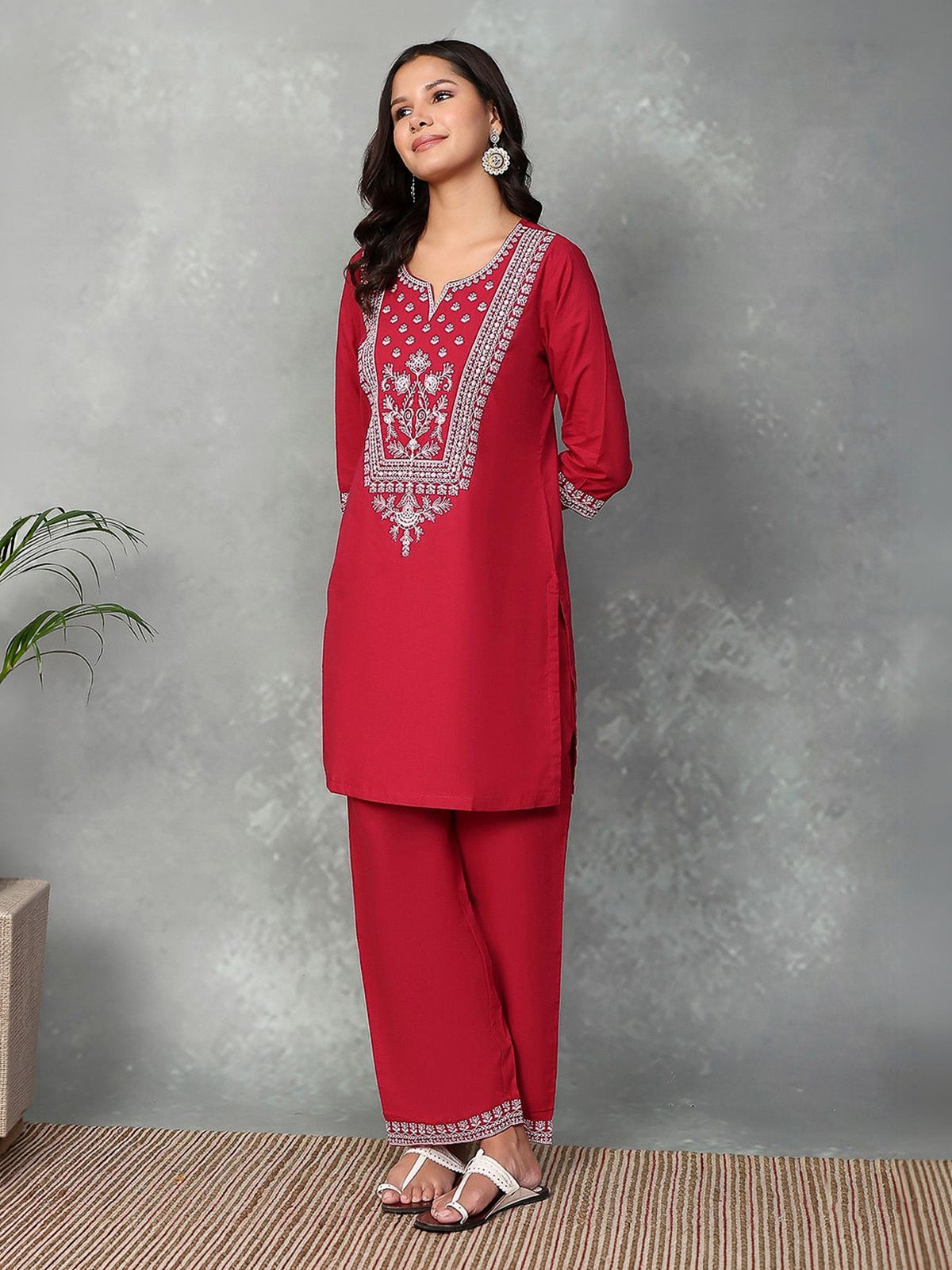 Maroon silk embroidered yoke style palazzo set