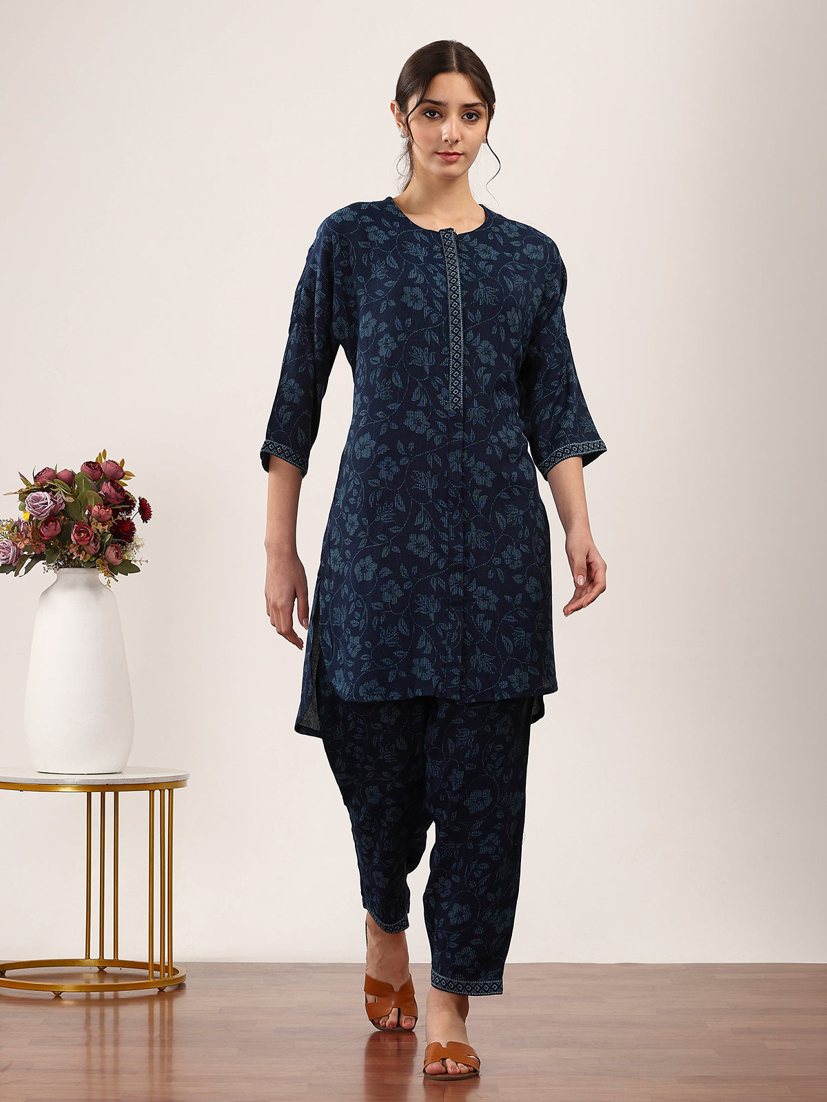 Navy blue floral printed silk kurti set