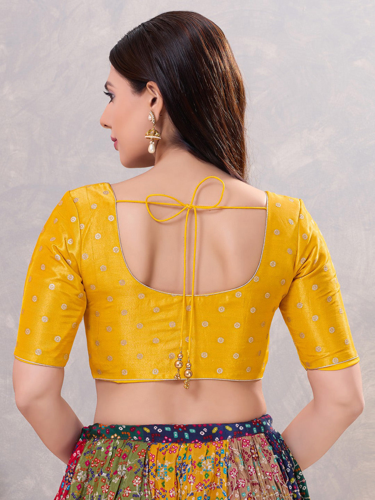 Mustard yellow silk zari front open blouse