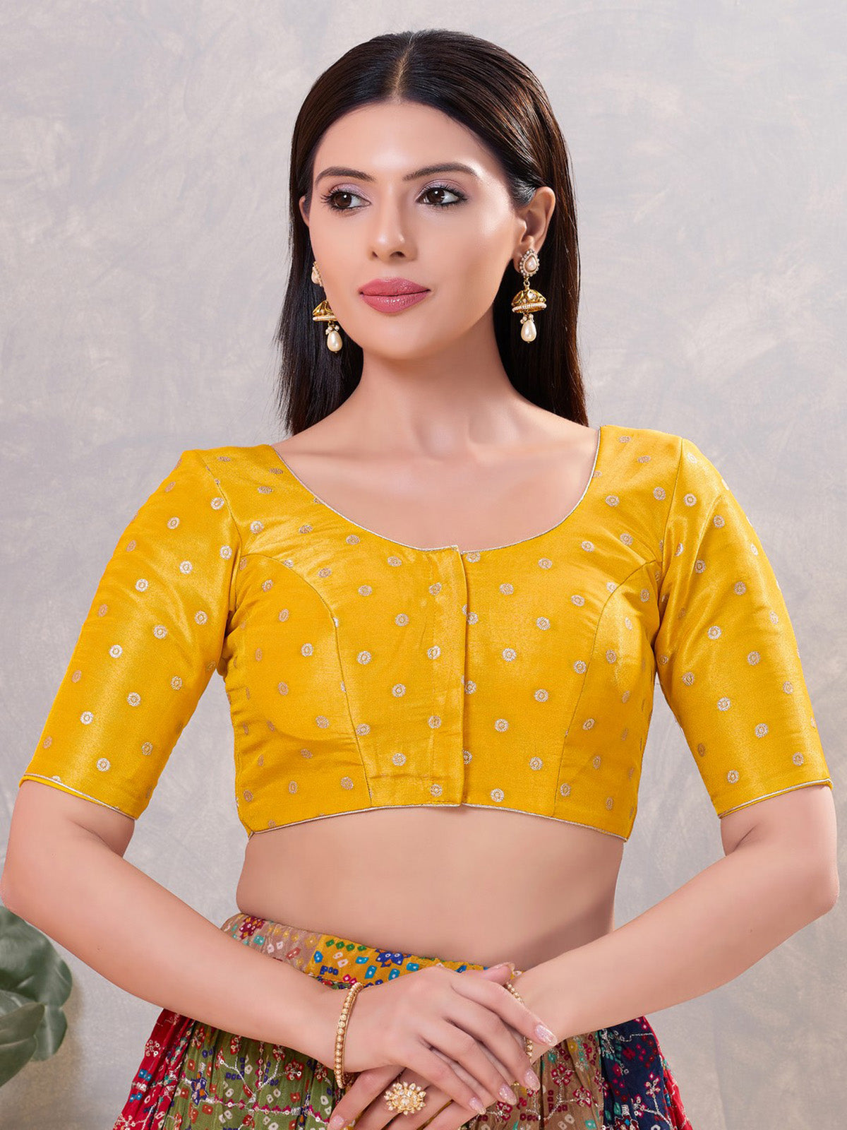 Mustard yellow silk zari front open blouse