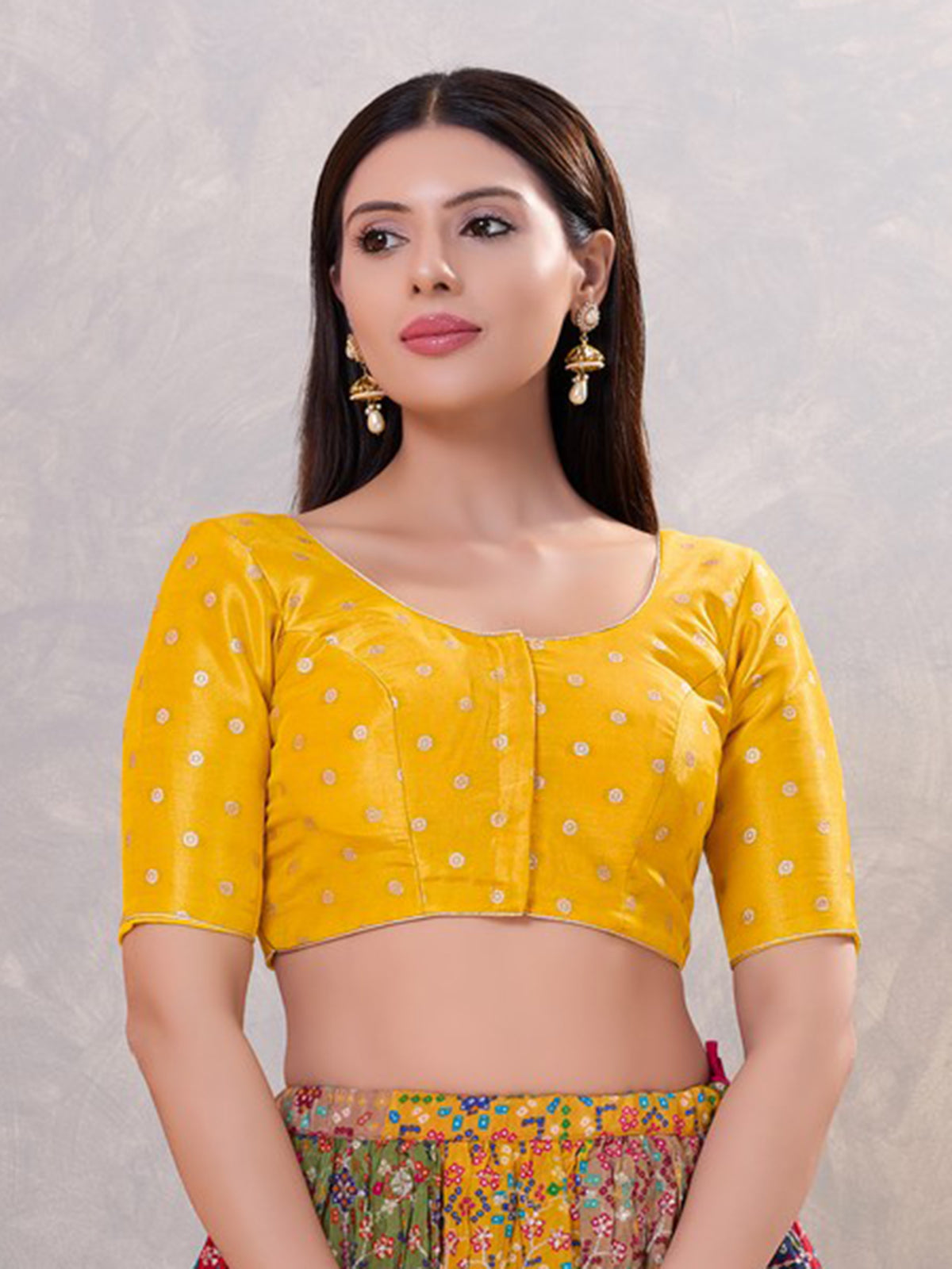 Mustard yellow silk zari front open blouse
